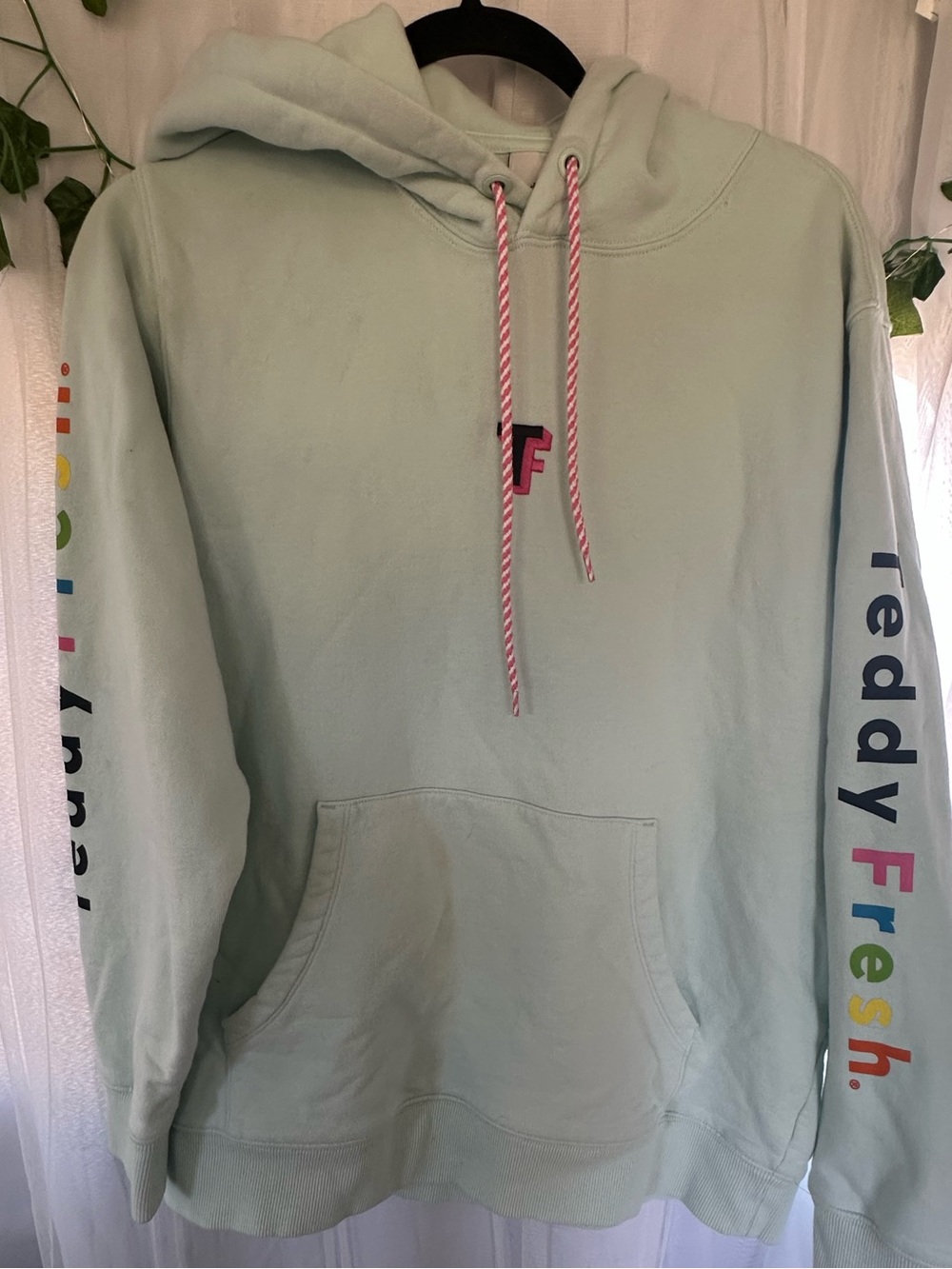 Teddy Fresh Pastel Mint Logo Hoodie with Multicolor Sleeve